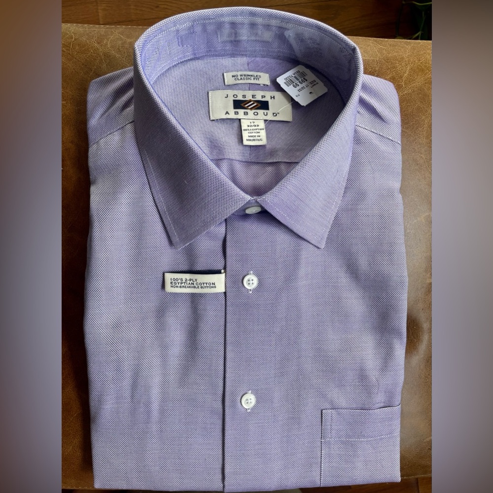 NWT Men’s purple Joseph Abboud dress shirt - purchased for wedding, never worn.